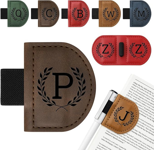 Personalized Bygone Mark Bookmark with Pen Holder,Engraving Leather Magnetic Bookmarks Vintage 26 Letters Name Initials Text Book Marker Clips Gifts for Reading Book Lovers Women (Coffee, P)