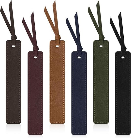 6 Pcs Leather Bookmark with Tassel, Classic Style Bookmark, 0.05 Inches Thin Handmade Stitched Bookmarks for Men, Book Marks for Reading, Gifts for Book Lovers, Readers (Dark Retro)