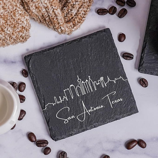 Blue Ridge Mountain Gifts - San Antonio TX Skyline Coasters, Set of 4 - San Antonio Texas Souvenir, Slate Coasters with Minimalist Skyline, Housewarming Gift for Friends, Family, & Neighbors