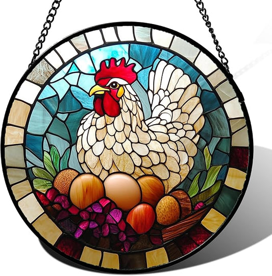 Stained Glass Window Hanging White Chicken Hatching Eggs Large 11.8" - Suncatcher Door Garden Sunroom Sun Catcher Home Decor Birthday Christmas for Mom Men Woman Nana