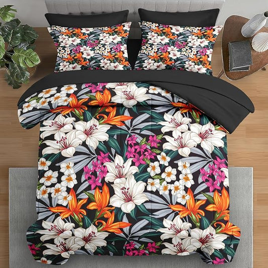 Comforter Set Full Size, Lilies Orange Pink Flowers 7 Pcs Bedding for Kids and Adults, Floral Blossom Hawaii Bed Sheet Sets with Fitted Sheet 2 Pillowcases & 2 Shams for Bedroom Bed Decor