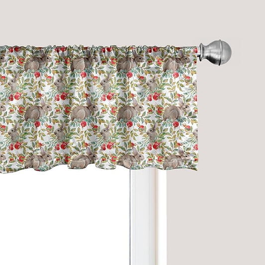 Ambesonne Bunny Window Valance Pack of 2, Easter Pattern of Dog Rose and Rabbits, Rod Pocket Curtain Valances for Kitchen Bedroom, 42" X 18", Camel