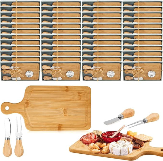 100 Set Bridal Baby Shower Cheese Prizes Wooden Square Board Gift Set Knives Forks Thank You Tag with Box for Guests for Valentines Bridal Baby Shower Housewarming (Acacia Color) (Bamboo Color)
