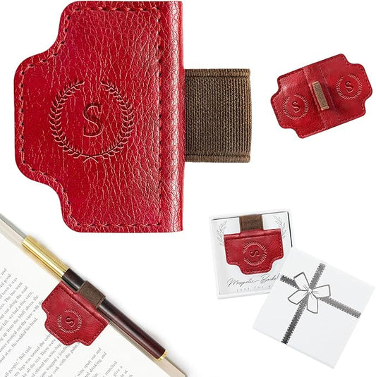 BygoneMark Magnetic Leather Bookmark with Pen Holder, Personalized Custom Initial Page Marker & Pen Clip, Professional Book Accessory for Students (Red-S)