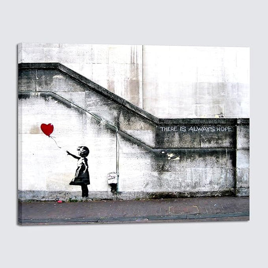 Wieco Art Canvas Paintings Wall Art Banksy Grafitti Girl with Red Balloon Grey Large Love Canvas Prints Pictures Modern Gallery Wrapped Inspirational Artwork Ready to Hang for Home Office Decor