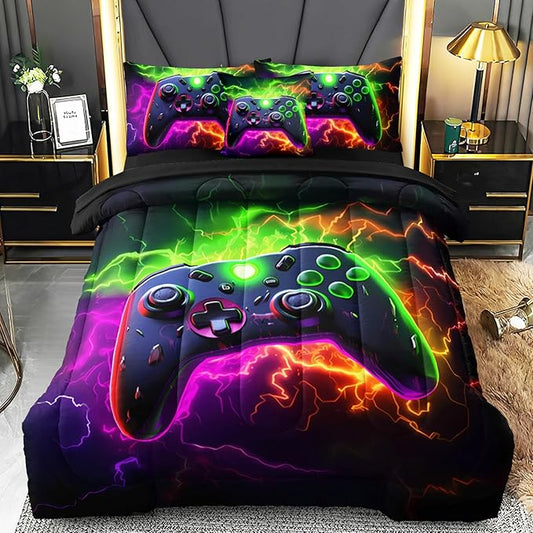 Full Gamer Bedding Sets for Boys Teen, 4 Pcs Full Size Gaming Comforter Set for Boys Full Szie Bedding Set