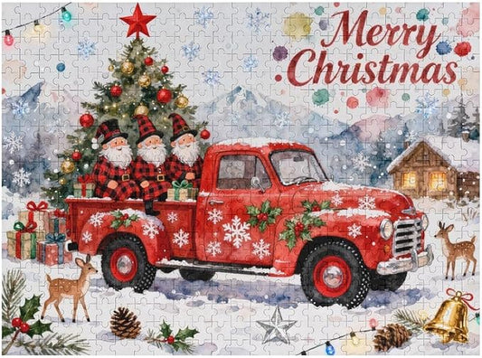 Merry Christmas-Red Car Gnomes 500-Piece Wooden Jigsaw Puzzle, Holiday Cheer Puzzle, Red Car Gnomes Scene, Family Entertainment, Relaxing Indoor Activity, Stress-Relief Fun