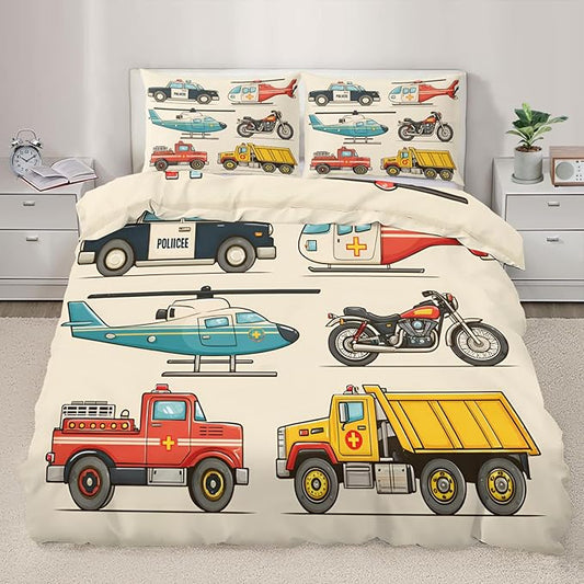 Vintage Rescue Vehicles Bedding Set Full Size Police Car Fire Truck Duvet Cover Emergency Vehicle Comforter Cover Children's Cartoon Car Bedding Set with Zipper Ties for Bedroom