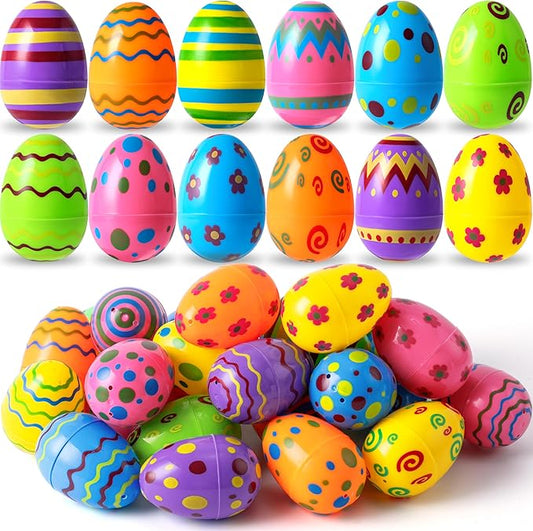 JOYIN Toy 24 PCs Plastic Printed Bright Easter Eggs, Over 3.15'' Tall Fillable Empty Eggs Bulks for Easter Hunt, Basket Stuffers Fillers, Classroom Prize Supplies, Filling Treats and Party Favor