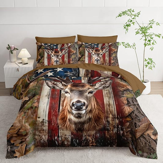 7Pcs Comforter Set American Flag Deer Printed Bedding Set with 1 Comforter, 1 Flat Sheet, 1 Fitted Sheet and 4 Pillowcases for Boys and Girls Bedroom All Season(Deer Queen)