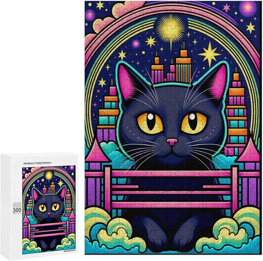 Wooden Puzzle - Dreamy Starry Night Cat Jigsaw Puzzles，Wooden Puzzles for Adults 300 Pieces Challenge Puzzles，Educational Games，Family Puzzles，Unique Gifts for Wall Art