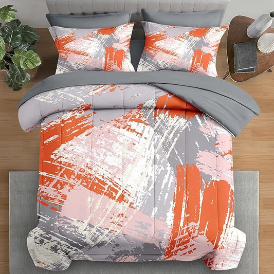 Comforter Set Full Size, Urban Graffiti Orange Grey 7 Pcs Bedding for Kids and Adults, Abstract Paint Line Bed Sheet Sets with Fitted Sheet 2 Pillowcase & 2 Sham for Bedroom Bed Decor