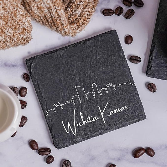 Blue Ridge Mountain Gifts - Wichita KS Skyline Coasters, Set of 4 - Wichita Kansas Souvenir, Slate Coasters with Minimalist Skyline, Housewarming Gift for Friends, Family, & Neighbors