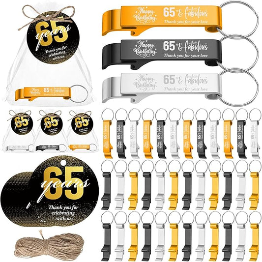 Dandat 54 Sets 65th Birthday Party Favors for Guests Birthday Beer Opener Keychain Cheers to 65 Bottle Opener Keychain with Thank You Cards and Gift Bags for Anniversary Wedding Party Favors