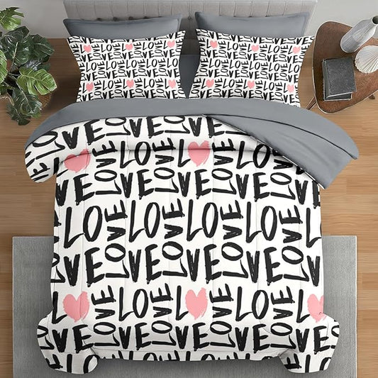 Comforter Set Queen Size, Love Heart 7 Pcs Bedding for Kids and Adults, Black and Pink Bedding Sets with Fitted Sheet 2 Pillowcases & 2 Shams for Bedroom Bed Decor