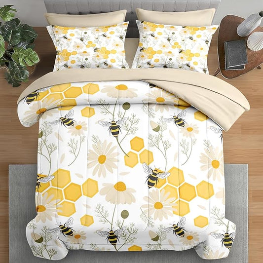 Comforter Set King Size, Bees Honey Flower 7 Pcs Bedding for Kids and Adults, Spring Floral Summer Bed Sheet Sets with Fitted Sheet 2 Pillowcases & 2 Shams for Bedroom Bed Decor