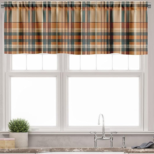 Ambesonne Autumn Plaid Window Valance, Fall Harvest Traditional Buffalo Tartan Lines Thanksgiving Art, Curtain Valance for Kitchen Bedroom Decor with Rod Pocket, 42" x 18", Orange Tan Grey Teal