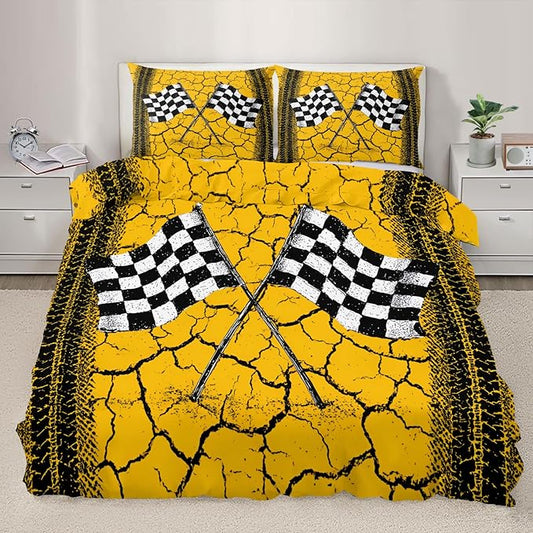 Race Flag Duvet Cover Queen Size Racing Checkered Flag Bedding Set Tire Track Comforter Set Sporty Race-Themed Quilt Cover with Pillowcases for Bedroom