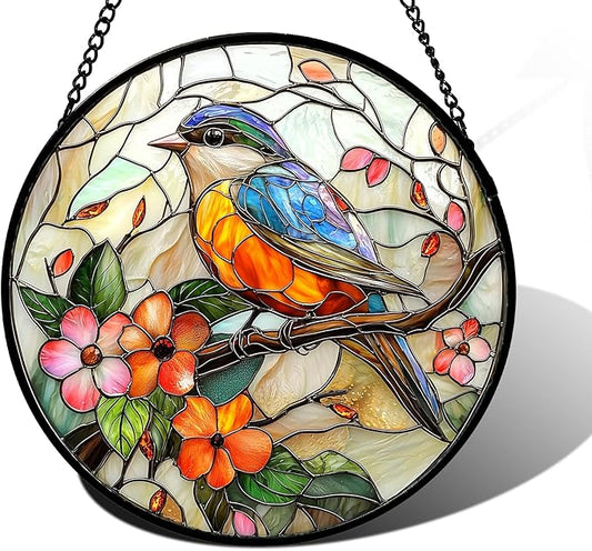 Stained Glass Window Hanging, Blue Bird Pink Flower Suncatcher Diamond Glass Panel Bird Sun Catchers Decor for Birthday for Women, Men, Wife, Aunt, and Mom 11.8x11.8 in