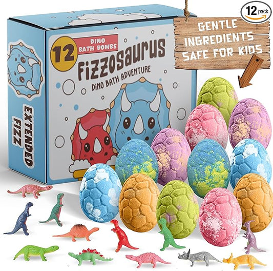 All Natural Bath Bombs for Kids with Surprise Toys Inside- 12 Pack Organic Dinosaur Bath Bombs with Toys Inside - Dino Bath Bomb for Kids