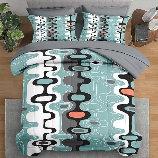Comforter Set Queen Size, Mid Century Retro Stripe 7 Pcs Bedding for Kids and Adults, Vintage Cool Bed Sheet Sets with Fitted Sheet 2 Pillowcases & 2 Shams for Bedroom Bed Decor