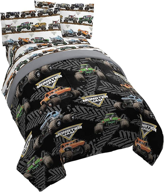 Jay Franco Monster Jam Tracks 5 Piece Full Bed Set - Includes Comforter & Sheet Set - Bedding Features Grave Digger &,Megalodon - Super Soft Fade Resistant Microfiber (Official Monster Jam Product)