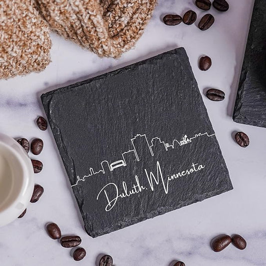 Blue Ridge Mountain Gifts - Duluth MN Skyline Coasters, Set of 4 - Duluth Minnesota Skyline Coasters, Slate Coasters with Minimalist Skyline, Housewarming Gift for Friends & Neighbors