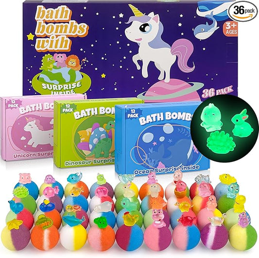 Bath Bombs for Kids with Toy Inside, 36 Pcs Bath Bombs with Glow in The Dark Dinosaur, Animal and Ocean Surprise Inside, Handmade Organic Bubble Bath Ball Gift Set for Birthday, Easter, Christmas