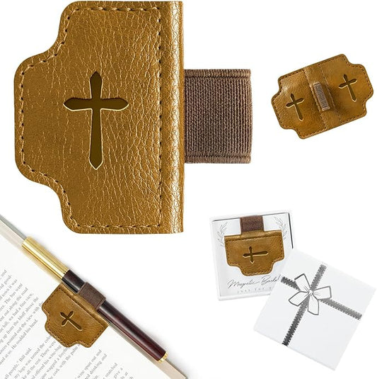 BygoneMark Magnetic Leather Bookmark with Pen Holder, Personalized Custom Initial Page Marker & Pen Clip, Professional Book Accessory for Students (Light Brown-Cross)