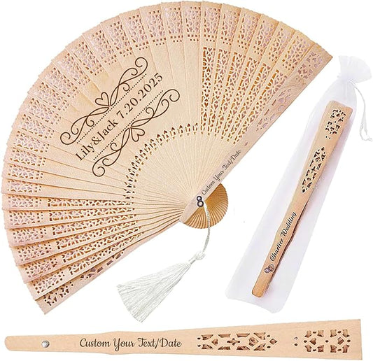 Personalized Wedding Fans for Guests Custom Wooden Folding Handheld Fans Bulk with Organza Bags Tassels for Wedding Graduation Party (100)