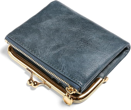Wallet Women Small RFID Blocking Bifold Leather Wallets for Women Vintage Coin Purse With Zipper and Kiss Lock