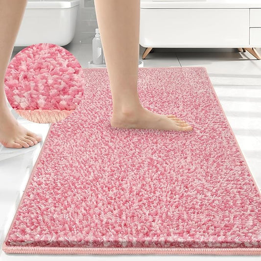 HDFK Bathroom Rugs | Non Slip Washable Bath Mats 2 Tone 30x20 Inches Plush Chenille Medium Pile Floor Mat | High Absorbency Pink and White | Modern Shower Rug for Home Decor