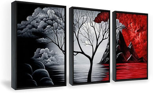 Wieco Art Framed Wall Art the Cloud Tree Wall Art HD print of Oil Paintings Landscape Canvas Prints for Home Decorations, 3 Panels with Black Frames