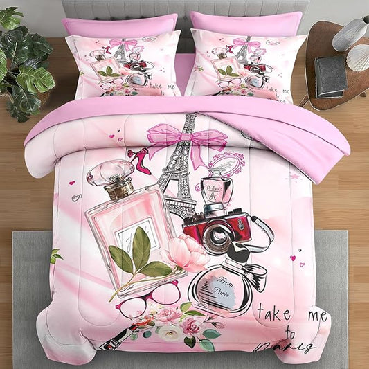 Comforter Set Twin Size, Paris Teen Girls 5 Pcs Pink Bedding for Kids and Adults, Cute Makeup Perfume Bed Sheet Sets with Fitted Sheet Pillowcase & Sham for Bedroom Bed Decor