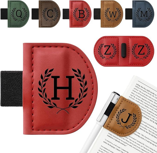 Personalized Bygone Mark Bookmark with Pen Holder,Engraving Leather Magnetic Bookmarks Vintage 26 Letters Name Initials Text Book Marker Clips Gifts for Reading Book Lovers Women (Red, H)