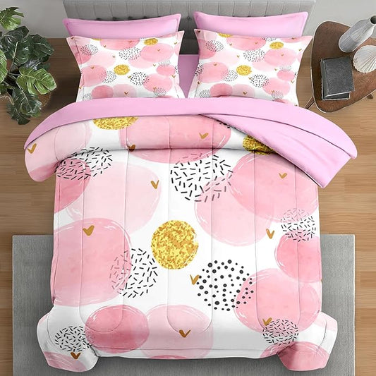Comforter Set King Size, Polka Dot Pink 7 Pcs Bedding for Kids and Adults, Watercolor Spots Circles Bed Sheet Sets with Fitted Sheet 2 Pillowcases & 2 Shams for Bedroom Bed Decor