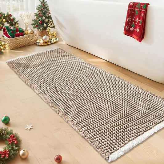 Waffle Bath Mat - Boho Bathroom Rugs Non Slip Washable, Super Absorbent & Quick Dry, Soft Bath Mat Farmhouse Bathroom Decor, 24'' x 48'', Khaki and White