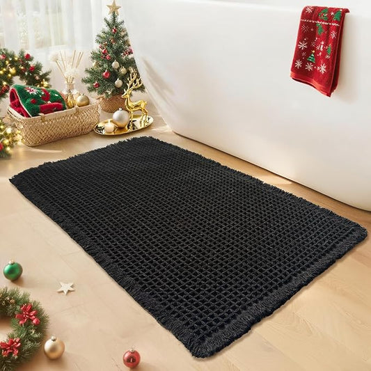 Black Bathroom Rug - Waffle Bath Mat Non Slip Washable, Super Absorbent & Quick Dry, Boho Bath Mat Farmhouse Bathroom Decor, 20'' x 32'', Black