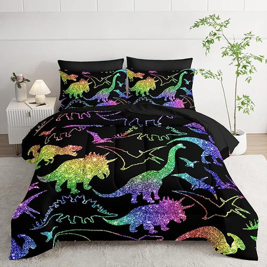 Rainbow Dinosaur Comforter Set (7 Piece) - Kids Bedding Black Dinosaur Duvet Set for Boys Girls Teens, Quilt Bed Set with 2 Pillow Shams, Flat Sheet & Fitted Sheet (Twin) - Room Decor Gifts