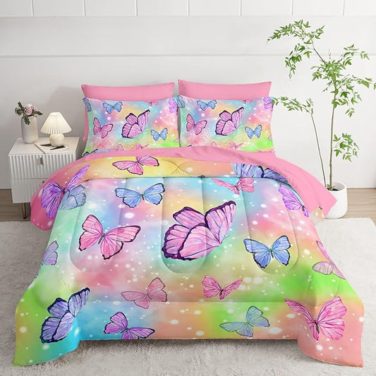 7Pcs Comforter Set Rainbow Butterfly Printed Bedding Set with 1 Comforter, 1 Flat Sheet, 1 Fitted Sheet and 4 Pillowcases for Boys and Girls Bedroom All Season(Queen)