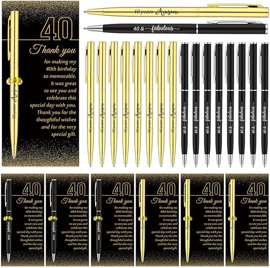 25 Sets 40th Birthday Themed Party Favors for Guests Including Birthday Ballpoint Pens and Black Gold Thank You Cards for Guests New Year Anniversary Appreciation Gifts