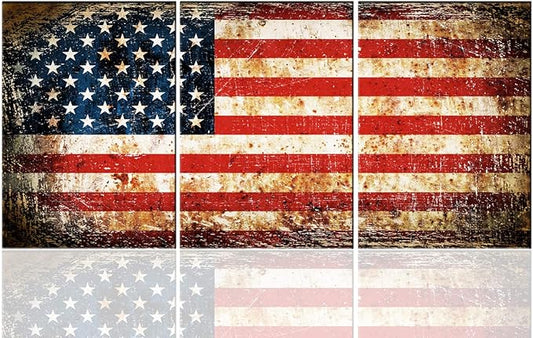 Wall Art for Living Room Native American Flag Red Pictures Star Stripes Patriotic Paintings 3 Piece Prints Artwork on Canvas Modern House Decor Framed Gallery-Wrapped Ready to Hang(42''Wx20''H)
