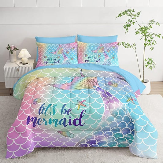 7Pcs Mermaid Tail Comforter Set Rainbow Scales Printed Bedding Set with 1 Comforter, 1 Flat Sheet, 1 Fitted Sheet and 4 Pillowcases for Girls Bedroom All Season(Full)