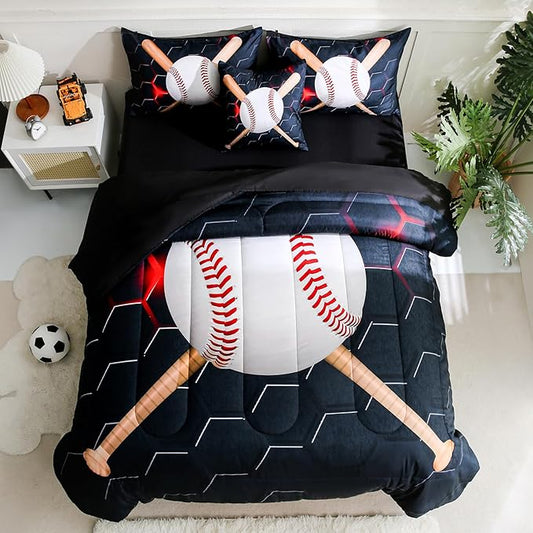 6pcs Baseball Full Bedding Sets for Boys,Sports Black Full Size Comforter Set with Sheets for Boys Kids Teens