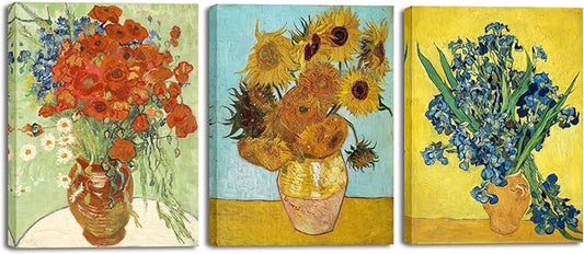 Wieco Art 3 Panels Canvas Prints of Vincent Van Gogh Paintings Reproduction Red Poppies and Daisies Sunflower Irises in Vase Canvas Wall Art for Living Room Home Office Decor