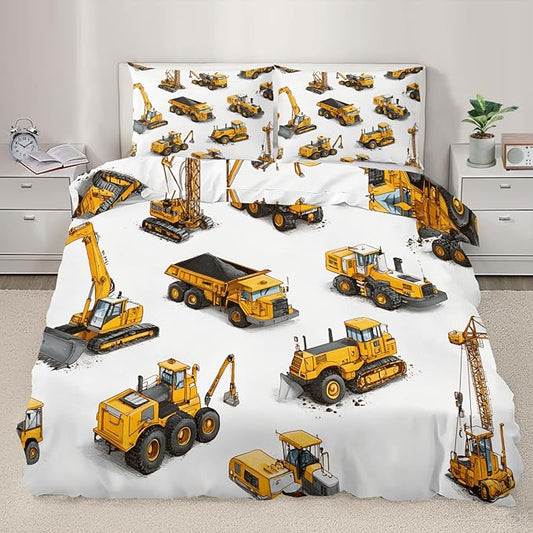 Construction Vehicles Duvet Cover Oversized King Tractor Excavator Dump Truck Bedding Set Boys’ Construction Vehicle Comforter Set Cartoon Mechanical Car Quilt Cover With Zipper Ties for Bedroom