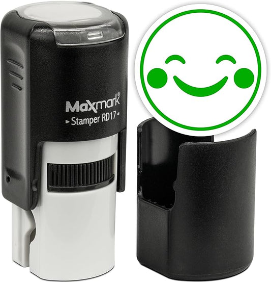 MaxMark Round Self Inking Emoji Stamp - Happy - Green Ink