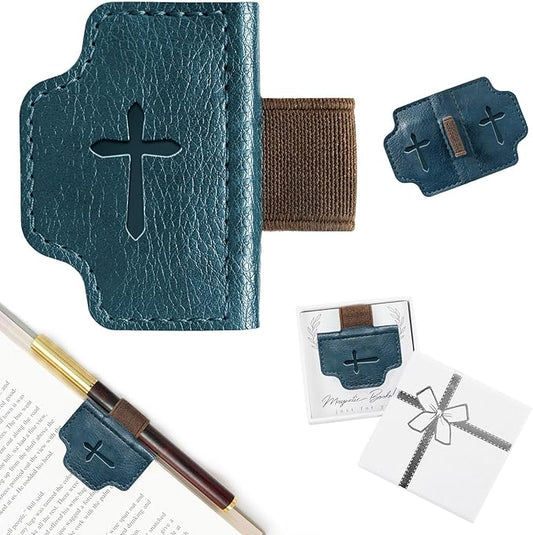 BygoneMark Magnetic Leather Bookmark with Pen Holder, Personalized Custom Initial Page Marker & Pen Clip, Professional Book Accessory for Students (Blue-Cross)