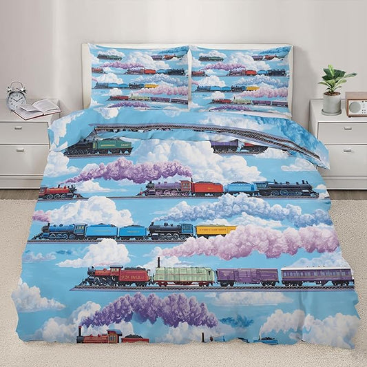 Vintage Steam Train Duvet Cover King Size Colorful Cartoon Train Bedding Set Cloud Railway Comforter Set Railway-Themed Comforter Cover with Zipper Ties for Bedroom