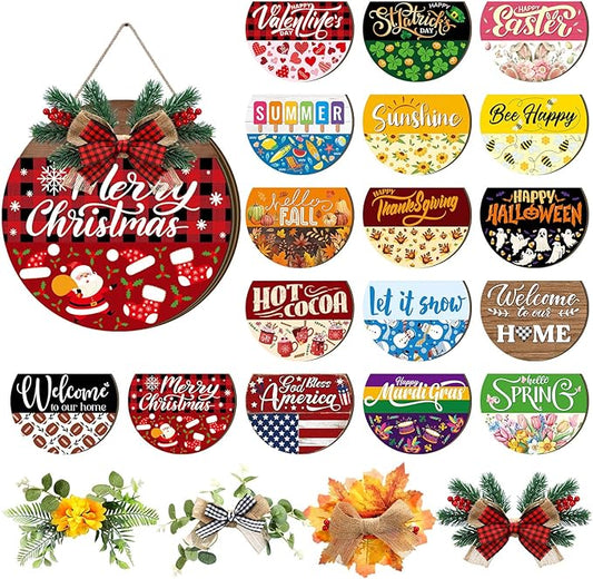 Vicenpal Interchangeable Welcome Sign for Front Door with 17 Magnetic Icons, Wooden Seasonal Front Porch Door Decor with 4 Seasonal Wreaths and 17 Changeable Icons for Holiday Party (Brown)